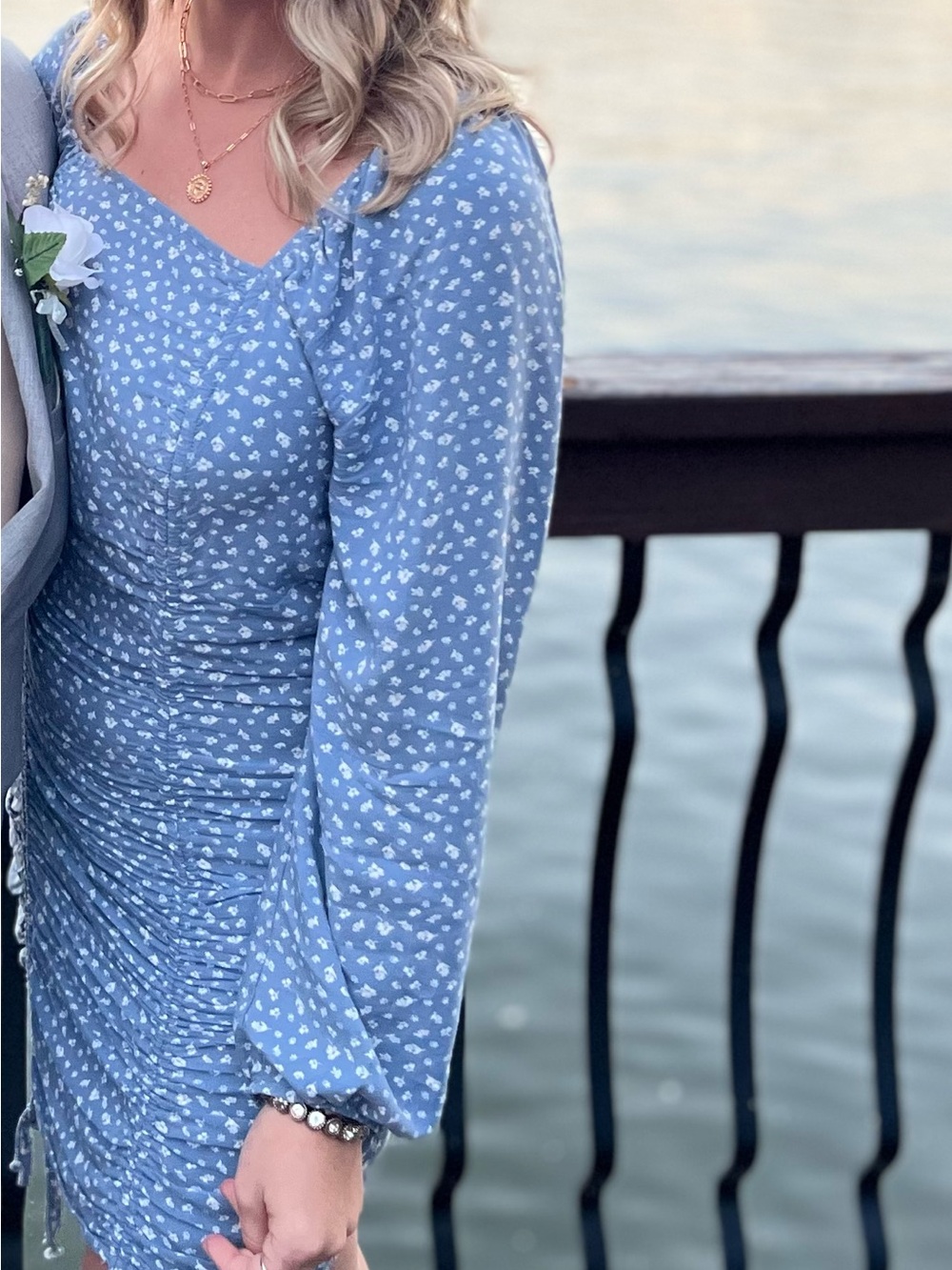 Light blue + white floral print dres